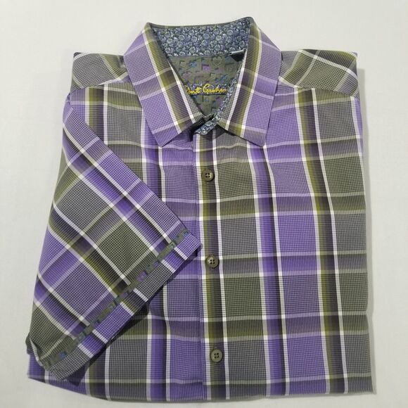 Robert Graham Shirt Mens 2XL XXL Button Down Purple Gray Short Sleeve Casual